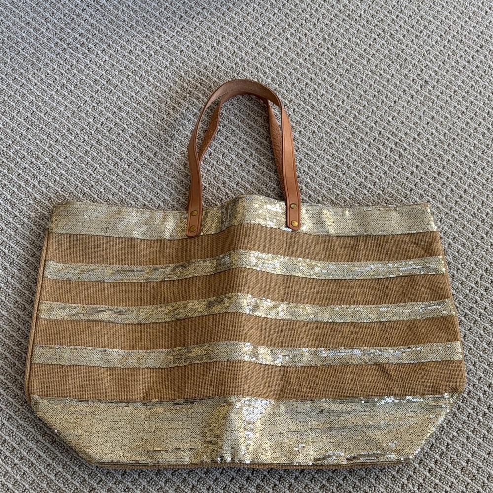 NWOT. Tan Tote with Gold Sequin Stripes and Leather Handles